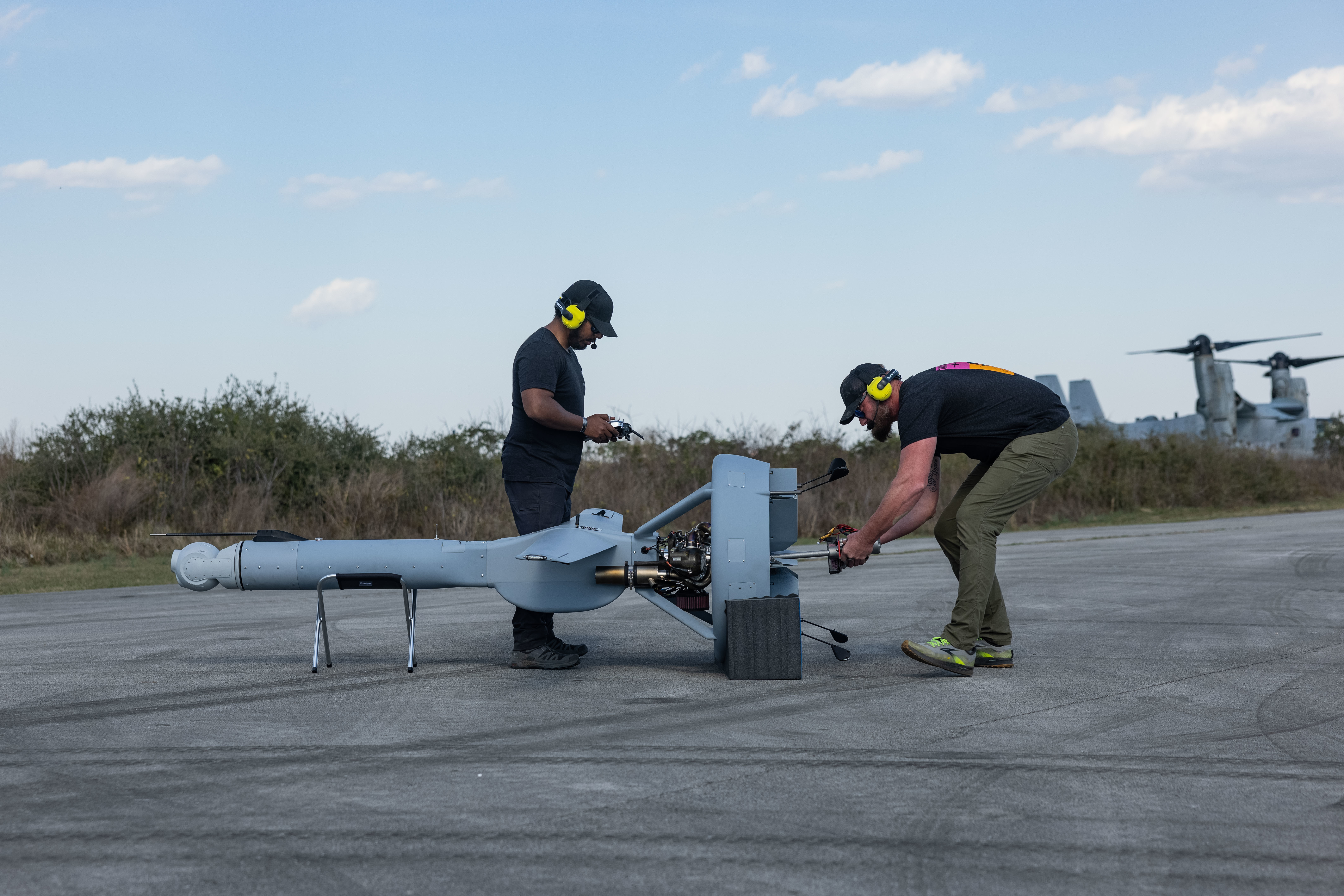 U.S. Department of Defense contractors start a V-BAT unmanned aerial system for flight operations during 26th Marine Expeditionary Unit (MEU) Exercise III at Marine Corps Auxiliary Landing Field Bogue, N.C., March 7, 2023. 